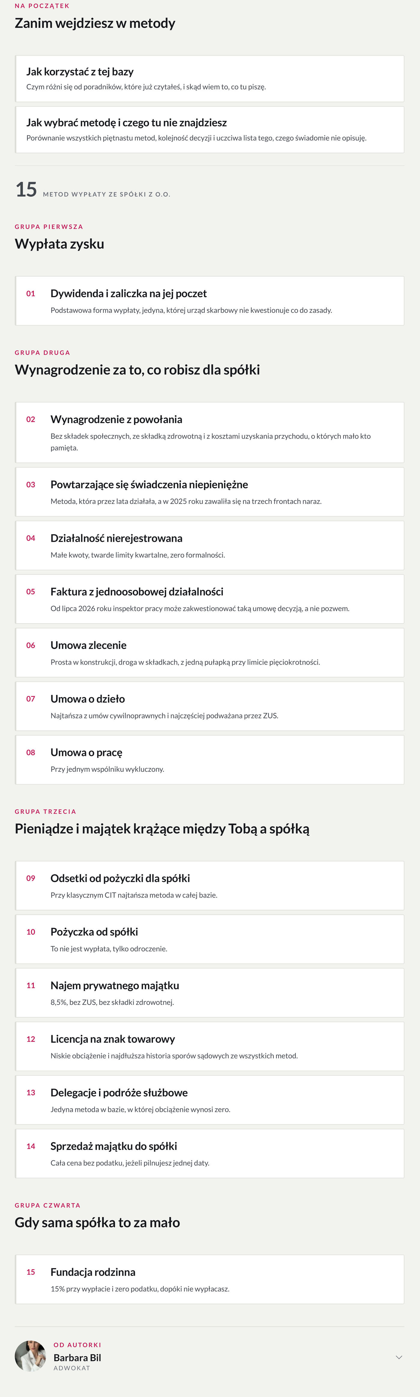 Strona ze spisem metod: grupa trzecia